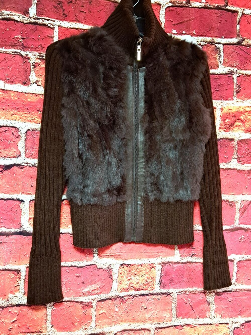 BROWN FUR FRONT LADIES SWEATER JACKET WITH KNIT RIBBED BACK & SLEEVES SZ SM